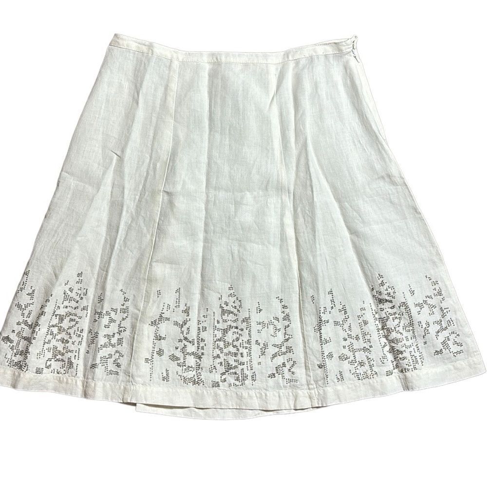 Eileen Fisher White Linen A-Line Skirt with Subtle Embroidery